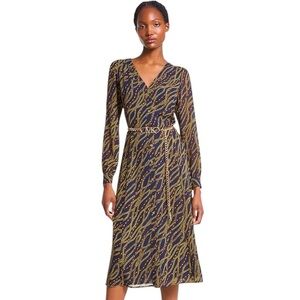 Michael Kors Belted Chain-Print Georgette Midi Dress XS Navy Gold - Missing belt